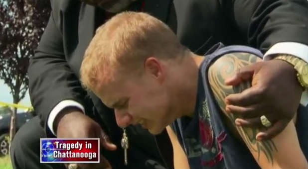 A veteran weeps after the attack on Chattanooga.