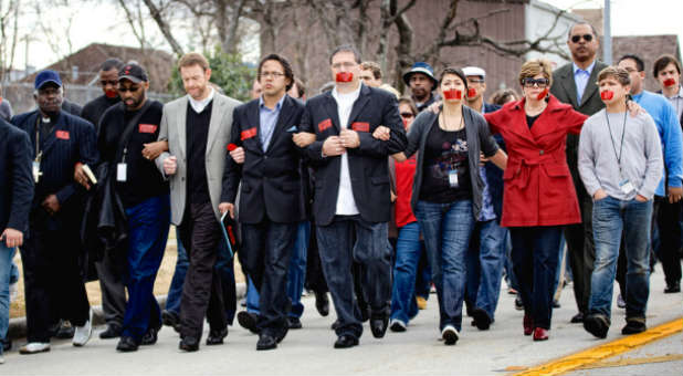 Men and women march on Houston in defense of life.