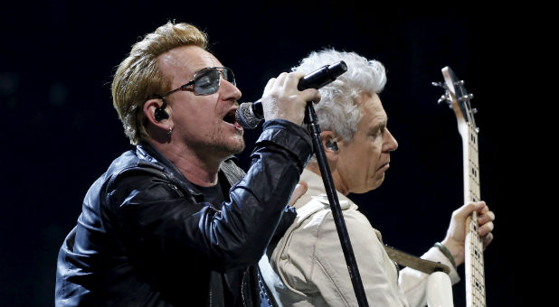 U2 performs at a concert in Paris.