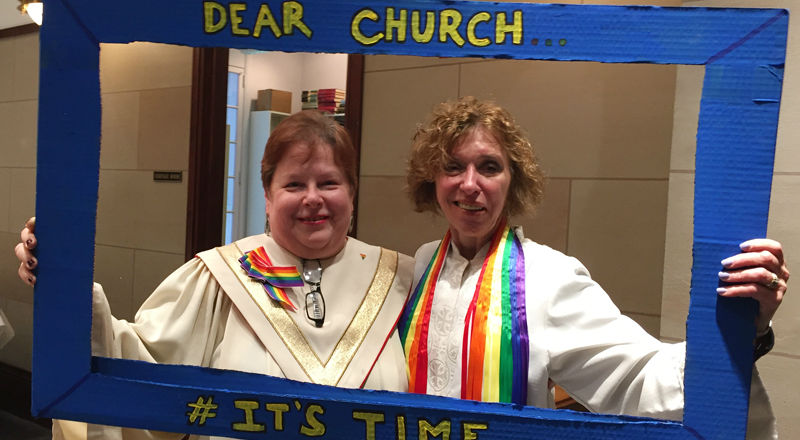 Peg Isaacson, left, chair of the Reconciling Ministries Task Force at First United Methodist Church at the Chicago Temple, and the Rev. Wendy A. Witt, one of the church's pastors, pose for a photo after its services on It's Time.