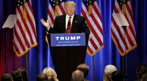 Republican presidential candidate Donald Trump delivers a speech during a campaign event at the Trump Soho Hotel in Manhattan