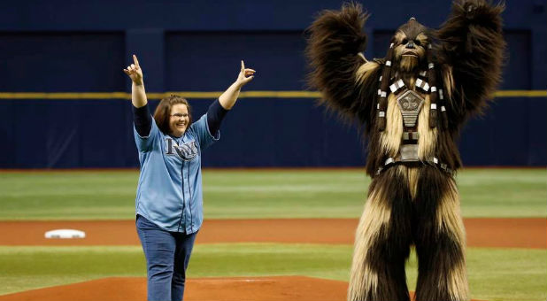 Chewbacca Mom Candace Payne with Chewbacca at a Rays game.