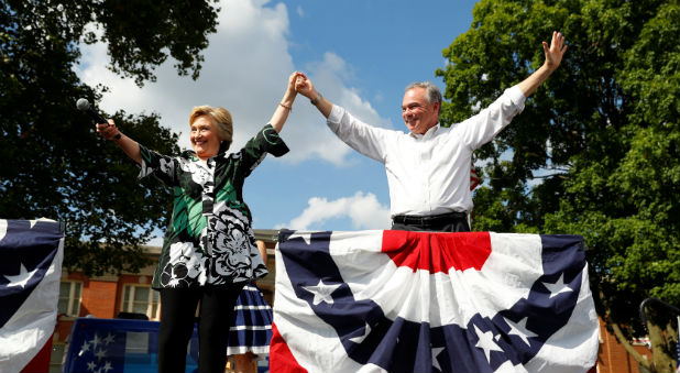 Democratic presidential nominee Hillary Clinton campaigns with vice presidential nominee Senator Tim Kaine (D-VA) at Fort Hayes Metropolitan Education Center in Columbus, Ohio