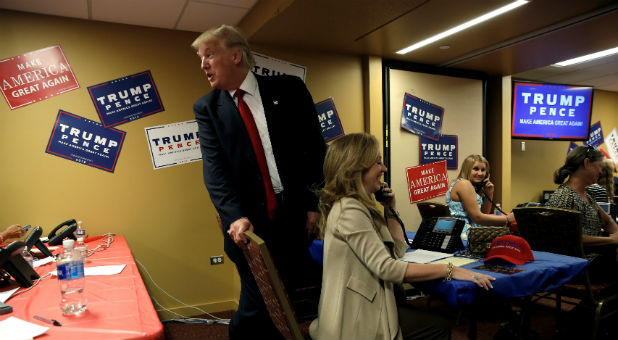 Republican presidential nominee Donald Trump makes a visit to a Trump campaign call center
