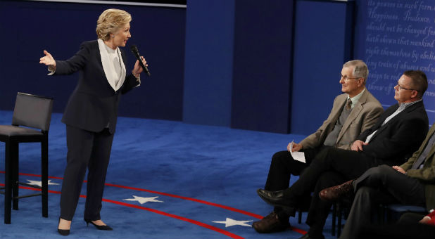 Democratic U.S. presidential nominee Hillary Clinton speaks during their presidential town hall debate