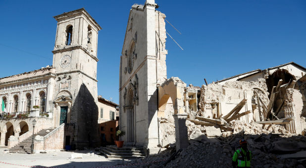 St. Benedict's Cathedral in the ancient city of Norcia is seen following an earthquake in central Italy