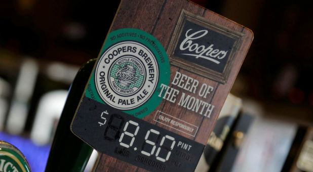 A beer tap features Australian-made Coopers Brewery pale ale as the beer of the month at The Rocks district of Sydney
