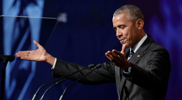 Former U.S. President Barack Obama gestures as he delivers his keynote speech to the Montreal Chamber of Commerce at the Palais de Congres in Montreal, Quebec, Canada.