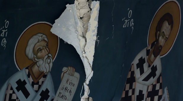 Icons are seen inside a damaged church following an earthquake off the island of Kos, Greece.