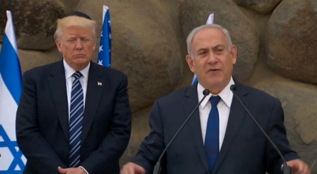 A still image taken from video shows U.S. President Donald Trump (L) listening as Israeli Prime Minister Benjamin Netanyahu speaks following a ceremony at Yad Vashem Holocaust memorial in Jerusalem, May 23, 2017.