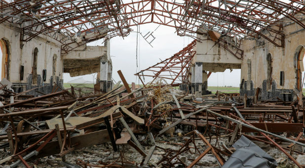 The remains of destroyed church are seen in the town of Qaraqosh, south of Mosul, Iraq.