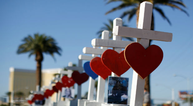 Some of the 58 white crosses set up for the victims of the Route 91 music festival mass shooting are pictured in Las Vegas.
