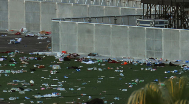 Personal belongings lay tossed aside on the fairgrounds following the mass shooing at the Route 91 Harvest Country Music Festival on the Las Vegas Strip.