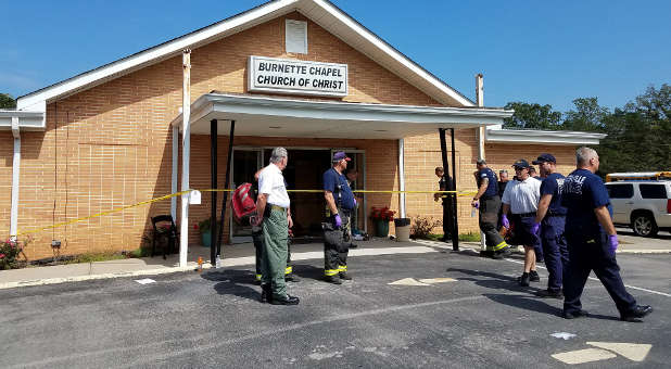 The scene where people were injured when gunfire erupted at the Burnette Chapel Church of Christ, in Nashville, Tennessee, Sept. 24, 2017.