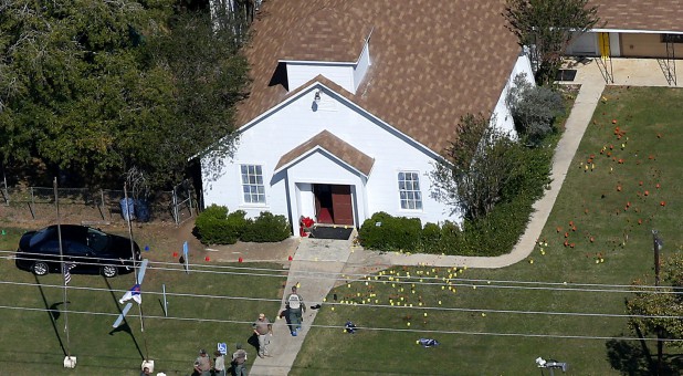 An aerial photo showing the site of a mass shooting at the First Baptist Church of Sutherland Springs, Texas.