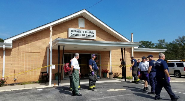 The scene where people were injured when gunfire erupted at the Burnette Chapel Church of Christ, in Nashville, Tennessee.