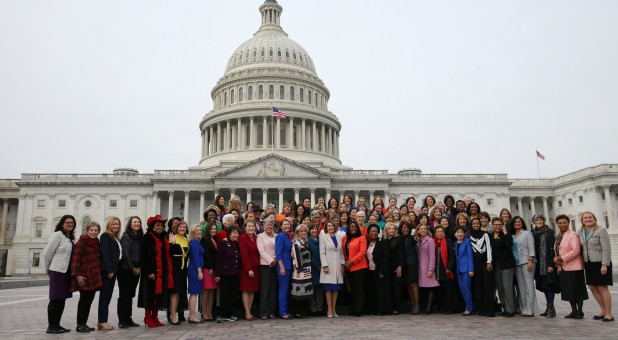 U.S. House Speaker Nancy Pelosi, D-Calif., poses with most of the House Democratic women.