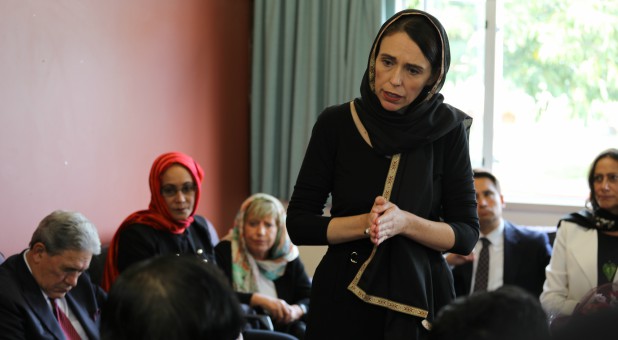 New Zealand Prime Minister Jacinda Ardern speaks to representatives of the Muslim community at Canterbury refugee center in Christchurch, New Zealand.