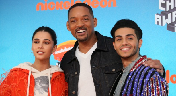 Actors Naomi Scott, Will Smith and Mena Massoud