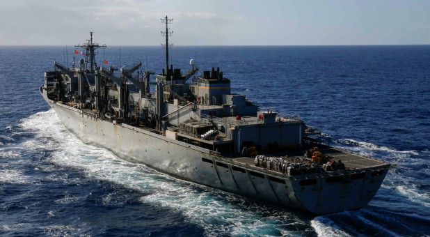 The fast combat support ship USNS Arctic pulls alongside the Nimitz-class aircraft carrier USS Abraham Lincoln to conduct a replenishment-at-sea in the Mediterranean Sea.