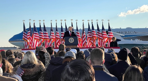 President Donald J. Trump speaks at Joint Base Andrews, Jan. 20, 2021. (Courtesy Jon Hamill)