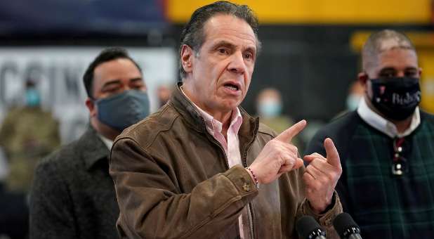 New York Gov. Andrew Cuomo speaks during a news conference at a vaccination site in the Brooklyn borough of New York, U.S., Feb. 22, 2021.