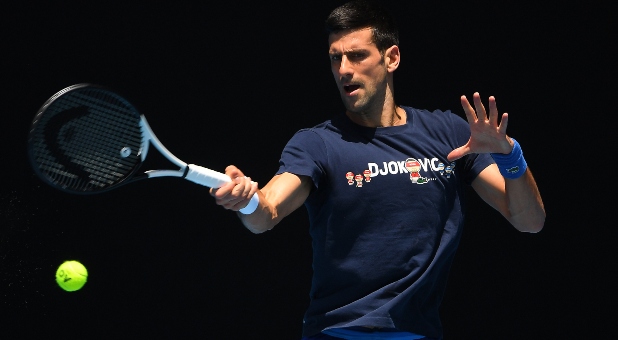 Novak Djokovic of Serbia is seen in action during a training session at Melbourne Park in Melbourne, Wednesday, January 12, 2022