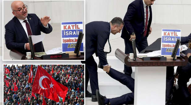 Turkish lawmaker giving speech and suffering cardiac arrest.