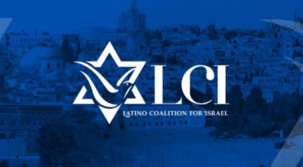 Logo, Latino Coalition for Israel, featuring white star with dove superimpmosed, LCI over background, city of Jerusalem