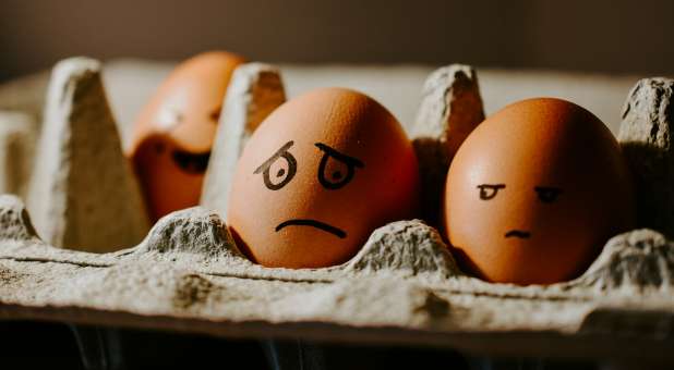 Brown eggs in egg carton with worried faces drawn on them in marker