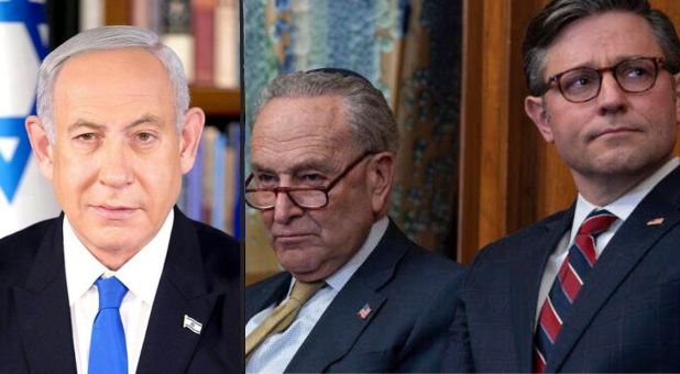 Benjamin Netanyahu, Chuck Schumer and Mike Johnson.