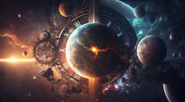 A clock surrounds the Earth at the end of time.