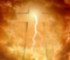 Cross with lightning superimposed, shown in clouds.