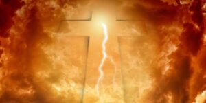 Cross with lightning superimposed, shown in clouds.